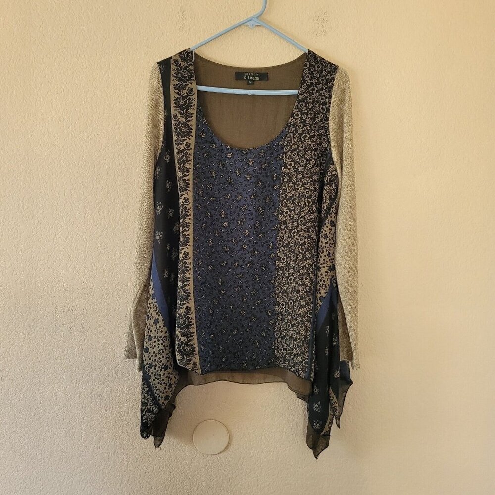Poeme Citron Knit Chiffon Contrast Long Sleeve Top Med Floral Artsy Asymmetrical